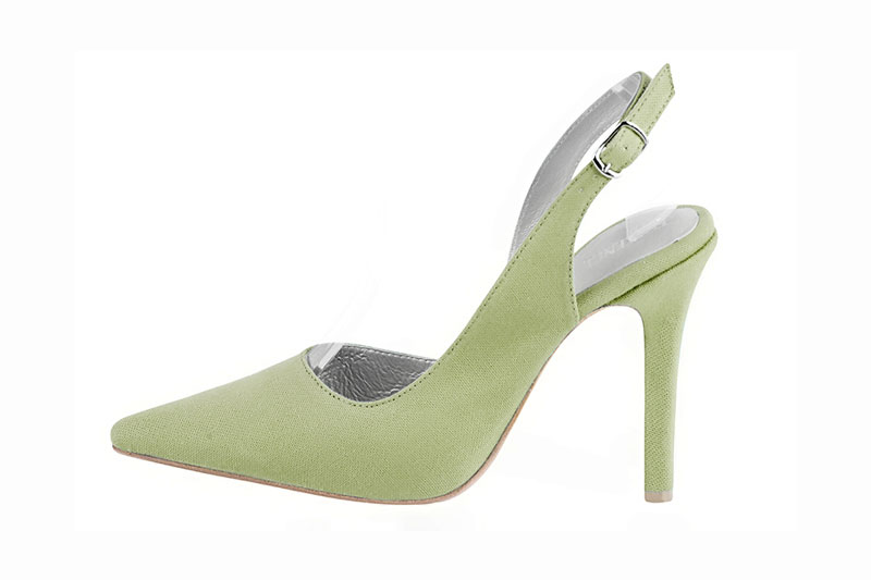 Meadow green women's slingback shoes. Pointed toe. Very high slim heel. Profile view - Florence KOOIJMAN